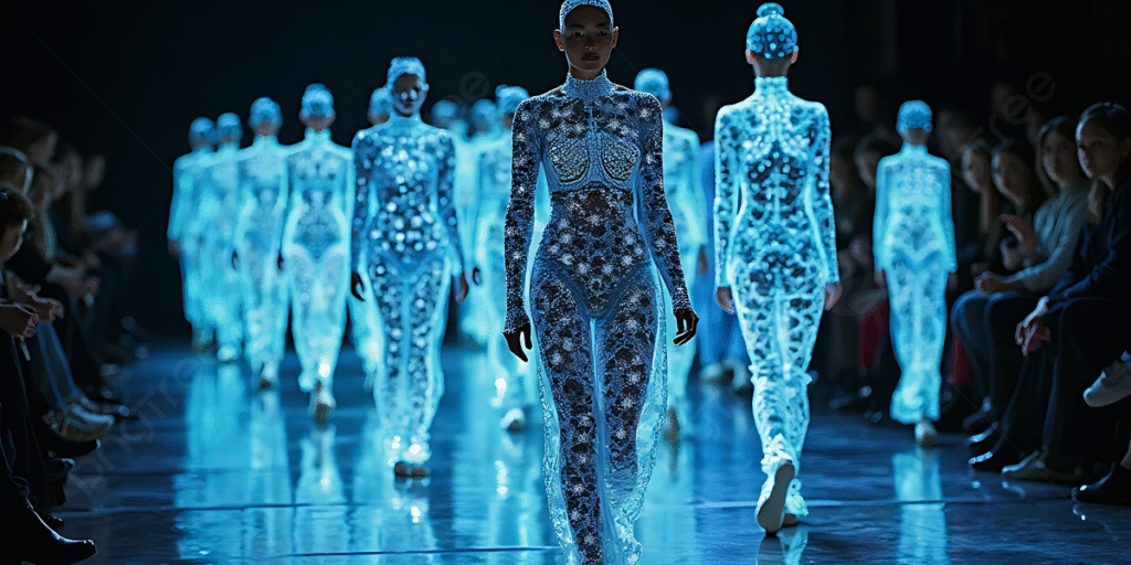 pngtree futuristic fashion runway featuring models in glowing intricately designed outfits illuminating picture image 16518756