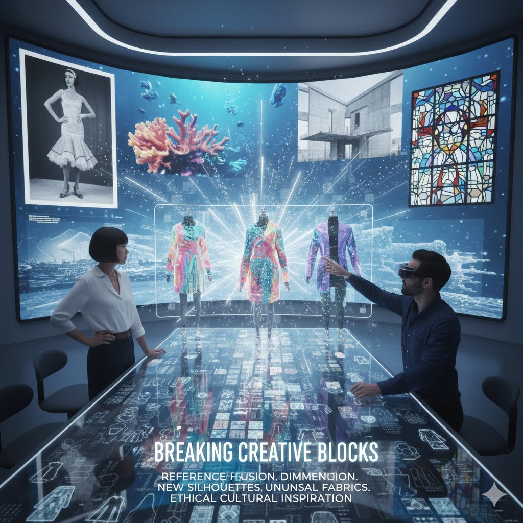 1.2 Breaking Creative Block Designers often use AI during creative blocks. By feeding references—vintage silhouettes, runway favorites, streetwear photos—AI generates fresh interpretations that push the boundaries of imagination.